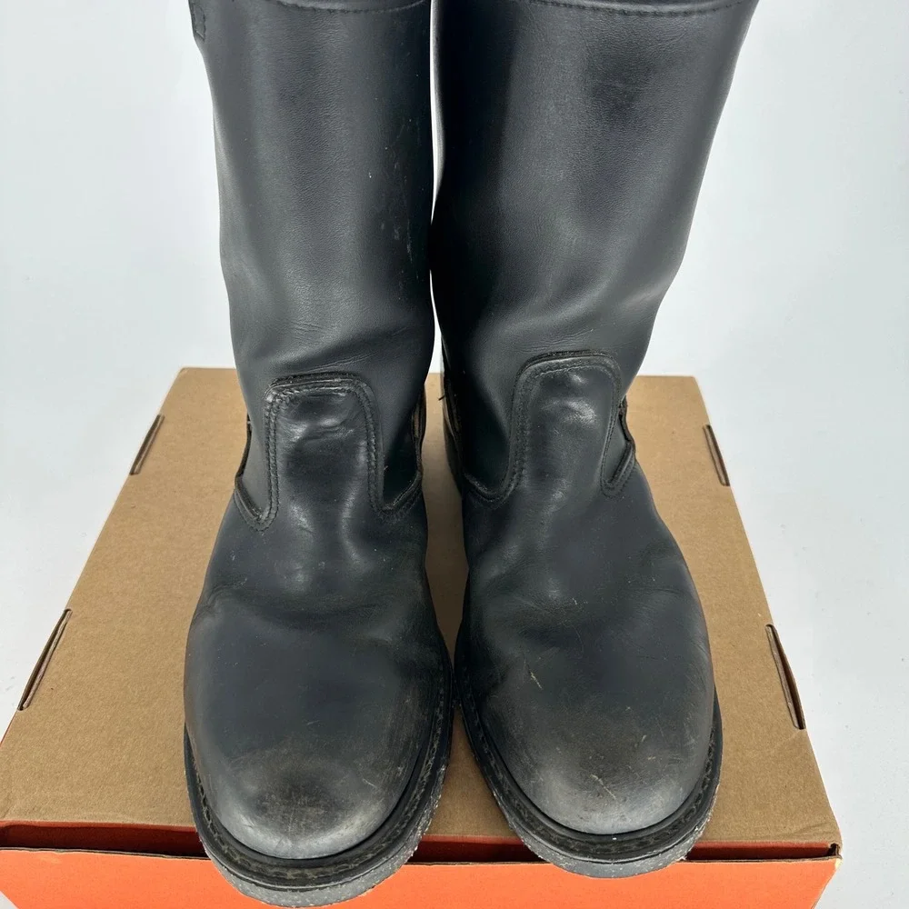 Vintage Brahma Steel Toe Engineer Black Leather Boots USA Corded Sole Men's 8.5